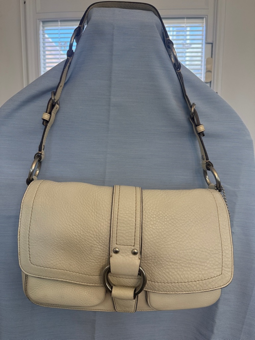 Coach Cream Pebbled Leather Shoulder Bag with Ring Detail